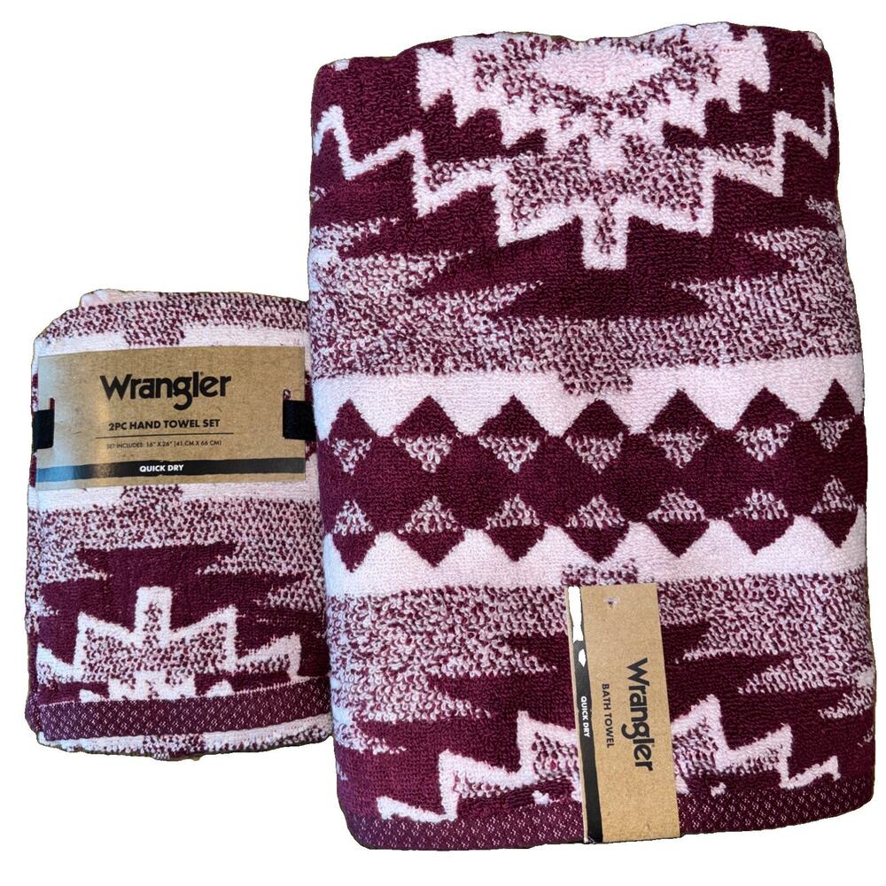 Wrangler Maroon Pink Aztec Plains Creek Western 2 Bath Hand Towels Southwestern